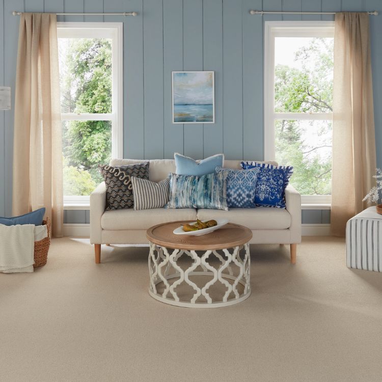 A living room with nuetral carpet and furniture, dressed with pale blue accessories and panelling.