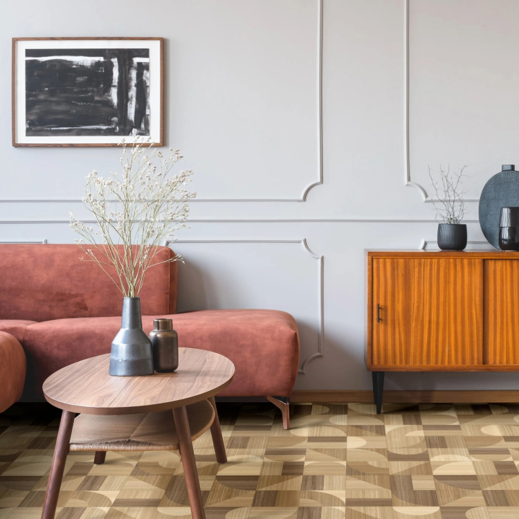 A geomtric wooden look vinyl floor with retro coffee table, sideboard and sofa